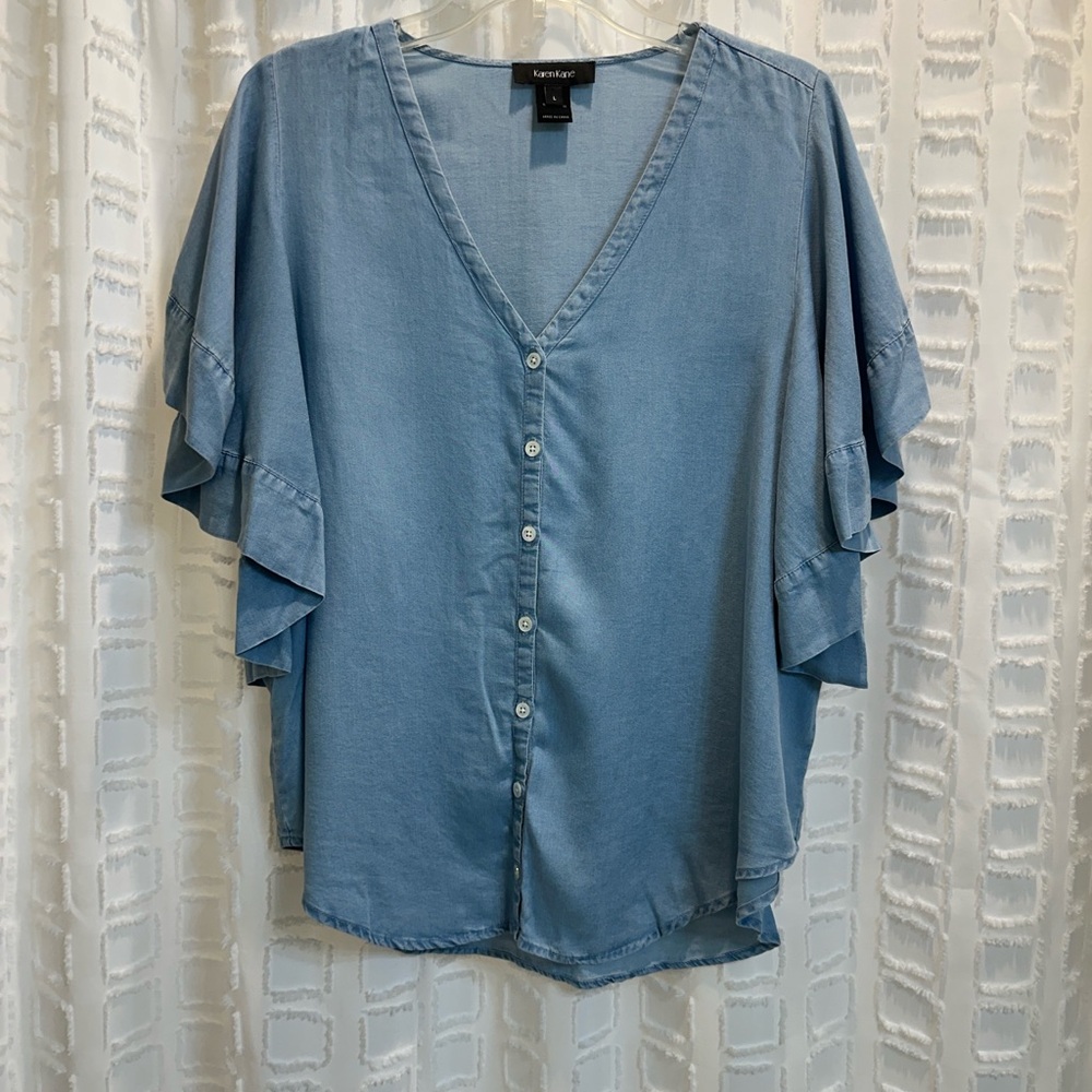 Karen Kane Denim Blue Flutter Sleeve Blouse